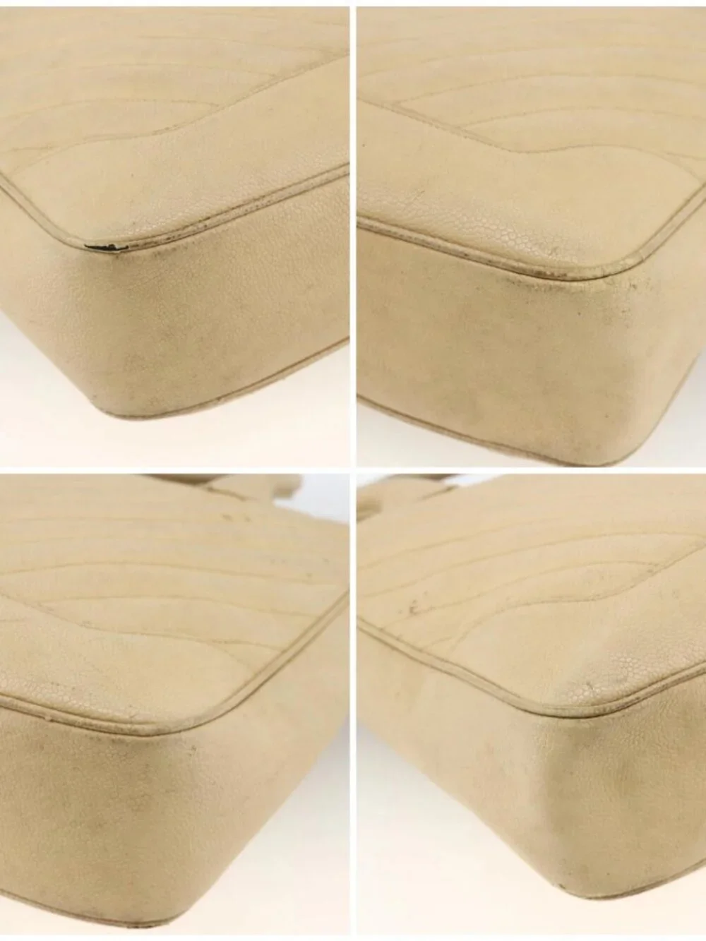 CHANEL Hand Bag Grained Calf Skin Cream Gold CC Auth 174548